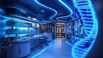 A cutting-edge bioengineering laboratory showcases sleek workstations and glowing DNA structures. photo