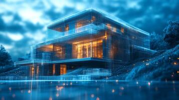 A contemporary house is depicted in a digital wireframe, glowing with warm lights. The setting is serene with a lake, surrounded by trees and a dramatic sky at dusk. photo