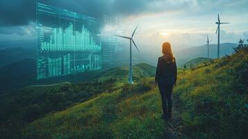 A person stands on a grassy hill, gazing at wind turbines against a backdrop of mountains. Data visualizations appear in the sky as the sun sets, highlighting renewable energy advancements. photo