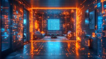 A modern living room showcases a blend of comfort and technology, featuring glowing neon orange and blue lines. Digital patterns illuminate the walls, enhancing the futuristic vibe. photo