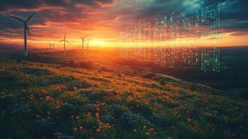 A beautiful sunset paints the sky behind wind turbines. Digital data streams overlay the landscape, showcasing the intersection of nature and technology in renewable energy. photo