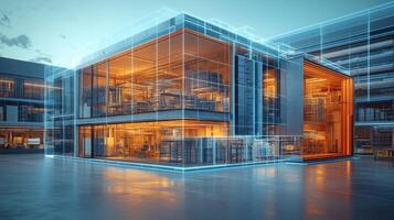A contemporary warehouse structure is illuminated with warm light, surrounded by a digital blueprint showcasing its design and interior. The setting emphasizes both technology and functionality. photo