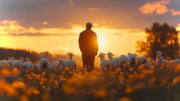 A shepherd guides a flock of sheep through a vibrant field filled with colorful flowers. The warm glow of the sunset enhances the serene rural setting, making for a tranquil moment. photo