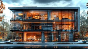 A striking glass house exhibits modern architecture, featuring an open layout with warm lighting. The exterior reflects a peaceful environment at dusk, surrounded by trees and water. photo
