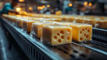 Workers are busy in a factory, arranging freshly packaged blocks of cheese on a conveyor belt. The atmosphere is industrial, with warm lighting enhancing the productivity. photo