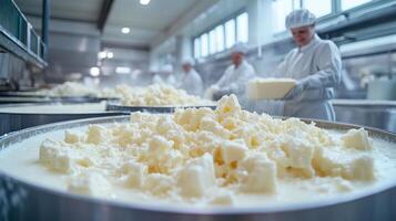 In a busy dairy factory, workers in white uniforms process milk into various dairy products. Large vats filled with curds showcase the production process taking place. photo