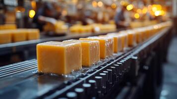 Yellow cheese blocks move steadily along a conveyor belt in a busy factory. Workers oversee the process in a well-lit industrial space, showcasing efficient dairy production. photo