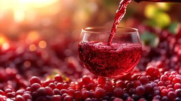 Red wine is being poured into a glass, surrounded by lush, ripe grapes. The warm glow of sunset enhances the rich colors of the scene, creating a serene and inviting atmosphere. photo