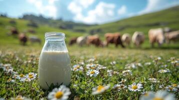 A glass bottle filled with fresh milk rests among wildflowers while cows graze peacefully in a lush green pasture under a sunny sky. photo