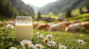 A glass of fresh milk rests on green grass dotted with daisies while cows graze peacefully in the background. The picturesque mountains create a serene atmosphere. photo