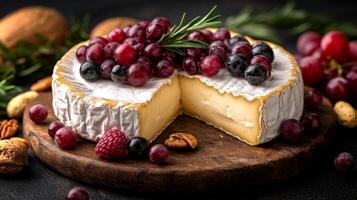 A beautifully arranged cheese platter showcases creamy cheese surrounded by fresh berries and mixed nuts. The dark background enhances the vibrant colors and textures of the ingredients. photo