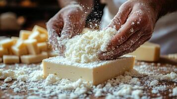 Hands skillfully shape and crumble fresh cheese on a wooden table, surrounded by blocks of cheese. Sunlight highlights the texture and quality of the dairy product. photo