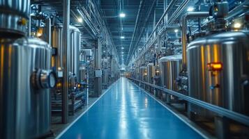 A spacious industrial facility features rows of large metallic tanks. The environment is well-lit and organized, highlighting a modern production process that emphasizes cleanliness and efficiency. photo