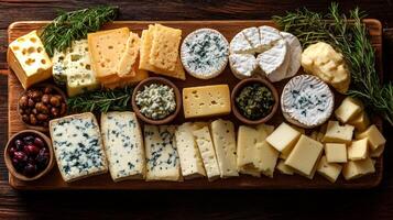 A beautifully arranged cheese platter features an assortment of cheeses, including blue cheese, brie, and aged cheddar, garnished with fresh herbs and nuts. The cozy setting enhances the presentation. photo