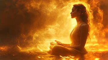 un mujer meditando tranquilamente en reluciente agua, rodeado por un calentar dorado resplandor durante puesta de sol. su sereno expresión irradia paz y atención plena en esta tranquilo ajuste. foto