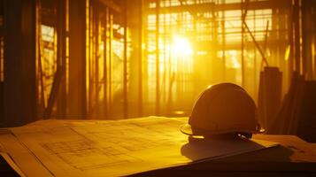 A construction site is illuminated by the golden glow of sunset, showcasing architectural plans and a hard hat resting on a table, emphasizing preparation and safety in real estate. photo