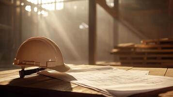 A safety helmet rests on a wooden table alongside detailed construction plans. Sunlight streams through the workspace, creating an inspiring atmosphere for real estate projects under development. photo