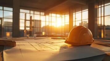 Sunlight streams through large windows in an under-construction building, illuminating blueprints and a hard hat on a table. This vibrant moment captures the essence of real estate development. photo