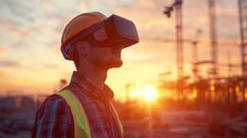 A construction worker wearing a virtual reality headset observes a building site during sunset. This integration of technology enhances real estate planning and development processes. photo