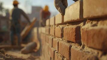 Skilled laborers are busy constructing a brick wall in a new real estate project at sunset. The warm light enhances the building activity, showcasing teamwork and craftsmanship in action. photo