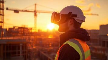 Construction worker utilizes virtual reality glasses to visualize real estate plans as the sun sets. Dynamic use of technology enhances project development and planning on the job site. photo