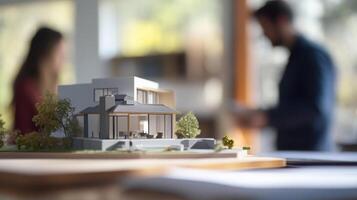 A detailed architectural model of a modern house is shown in a real estate office. Two professionals are engaged in conversation, reviewing plans and discussing project details in a bright workspace. photo