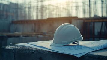 A hard hat rests on top of blueprints at a construction site during sunset. The skeletal structure of a building is visible in the background, symbolizing ongoing development. photo