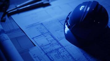 Construction planning involves analyzing blueprints and using safety gear. This process is crucial for successful real estate projects, highlighting the importance of careful design and preparation. photo