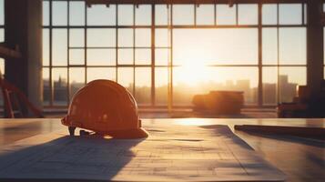 A safety helmet rests on architectural plans inside a spacious construction site bathed in warm sunset light. The expansive windows frame a vibrant skyline, symbolizing progress. photo