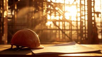 Construction site shows a hard hat resting on blueprints with a warm sunset glow illuminating the background. The image captures the essence of real estate development and planning in progress. photo