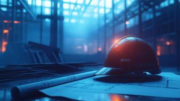 A construction site features a hard hat resting on blueprints, surrounded by metal structures and warm artificial lighting. photo