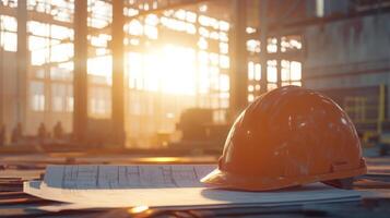 An orange safety helmet rests on top of architectural plans at a construction site. The warm glow of sunset filters through the building, highlighting the busy environment and ongoing work. photo