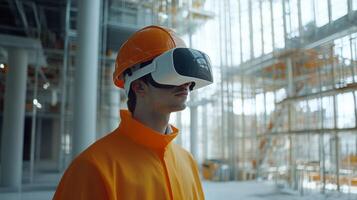 A construction professional wears virtual reality goggles at a busy real estate site, exploring design options and enhancements. This technology aids in visualizing architectural plans and layouts. photo