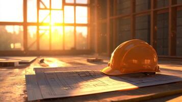 A construction site is bathed in warm sunset light, highlighting an orange hard hat resting on blueprints. The setting emphasizes the importance of safety and planning in building projects. photo