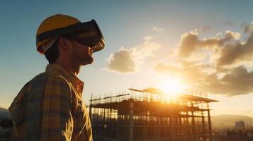 A construction worker wears a virtual reality headset while observing a building under construction as the sun sets in the background. photo