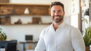 A confident man stands in a contemporary office filled with greenery, showcasing a welcoming atmosphere. He engages with clients about real estate, reflecting a professional yet inviting approach. photo