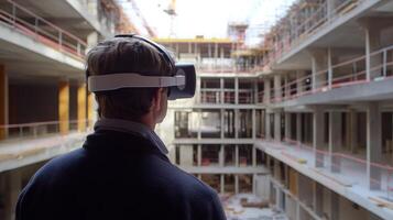 A person is using virtual reality technology to visualize real estate development in a large, unfinished construction site. The setting showcases exposed beams and incomplete structures. photo