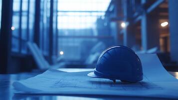 Construction plans are spread out on a table with a blue hard hat resting on top. The dimly lit environment suggests evening hours and highlights the ongoing development work in real estate. photo