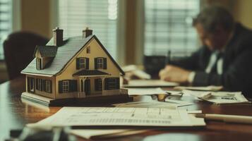 A miniature house model rests on a table filled with architectural plans as a suited individual focuses on paperwork, capturing the professional atmosphere of real estate. photo