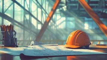 A well-lit workspace showcases detailed blueprints spread across a wooden table, accompanied by a safety helmet and pencil holder. Bright beams of light filter through a structural framework. photo