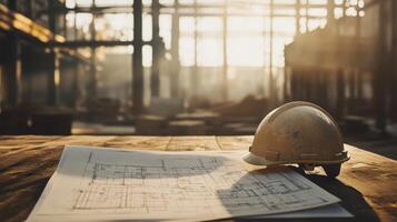 A construction site is illuminated by warm sunlight as blueprints lay on a wooden surface beside a safety helmet. The atmosphere reflects a productive end to the day in real estate development. photo