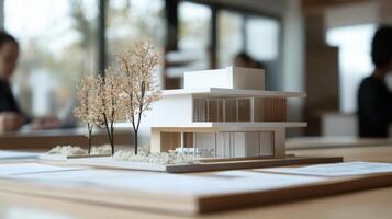 A detailed architectural model sits on a table, representing a modern residential building. The design features large windows and is complemented by miniature trees. photo