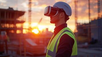 A construction worker is using virtual reality technology on a building site at sunset. The vibrant colors in the sky enhance his focused expression while wearing safety gear and a VR headset. photo