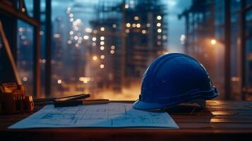A construction helmet rests on a table alongside blueprints, set against a backdrop of urban development. The soft glow of city lights illuminates the evening sky, signaling ongoing work. photo