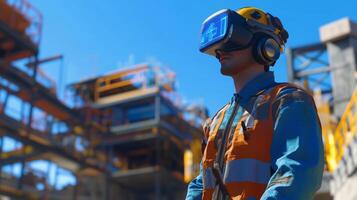 Construction worker utilizes virtual reality technology on site to enhance project visualization and planning. photo