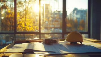 Blueprints and construction tools are laid out on a table in a bright workspace. photo