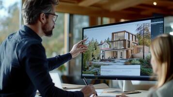 A professional discusses a contemporary property design displayed on a large monitor while utilizing artificial intelligence tools in a bright office. The focus is on enhancing real estate projects. photo