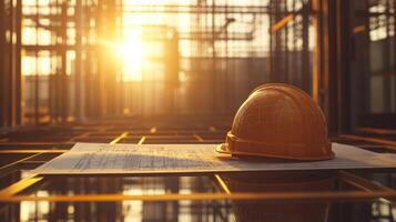 A safety helmet sits atop construction blueprints on a building site, illuminated by the warm hues of sunset. The surroundings are filled with steel structures in progress, highlighting ongoing work. photo