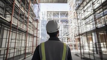 A construction worker wearing a helmet and safety vest inspects a developing real estate project surrounded by scaffolding. The structure is in the final stages under clear blue skies. photo