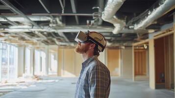 A man wearing a virtual reality headset and hard hat explores an empty construction site. The interior showcases exposed beams and unfinished walls, highlighting the potential for future development. photo